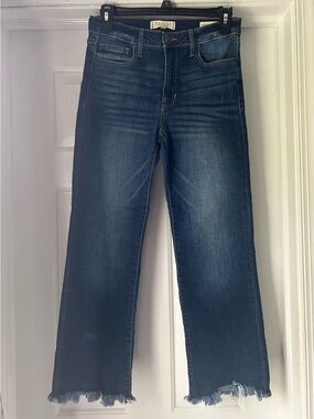 Harper Heritage Dark Wash Raw Hem Straight Crop Jeans